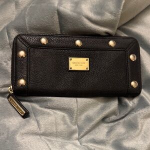 Michael Kors Black Studded Leather Zip Around Wallet Gold Hardware